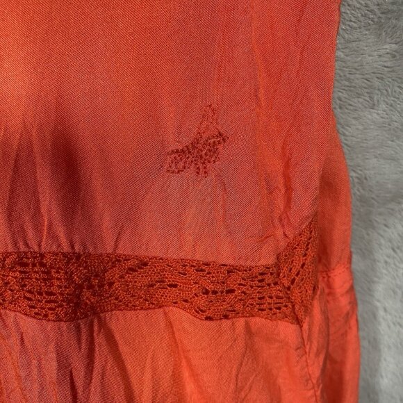 Old Navy Coral Orange Midi Dress w/ Slip M Pintuck Pleat Embroidery Boho Peasant - Picture 7 of 16